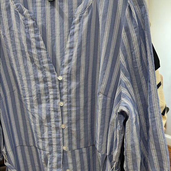 2X Plus size Fred David Blue and White Striped Midi Dress button down 3/4 - Picture 3 of 5